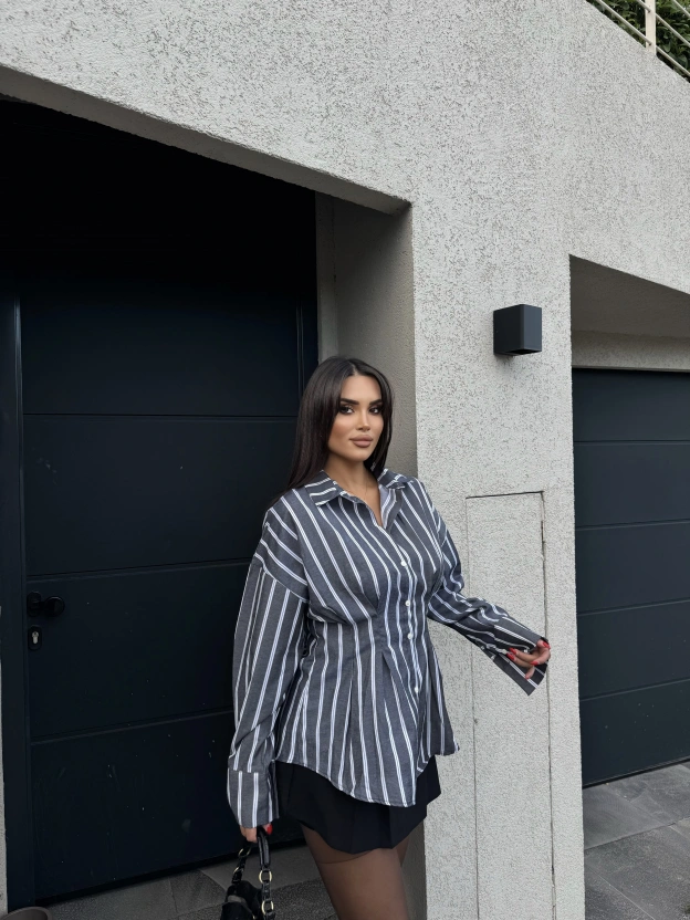 Gri Çizgili Oversize Tasarım Gömlek