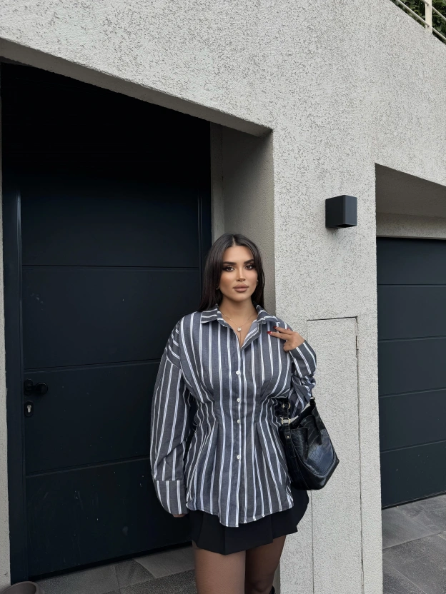 Gri Çizgili Oversize Tasarım Gömlek