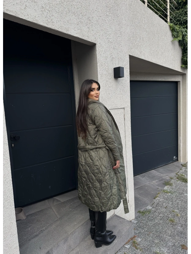 Haki Kapitone Kuşaklı Uzun Mont