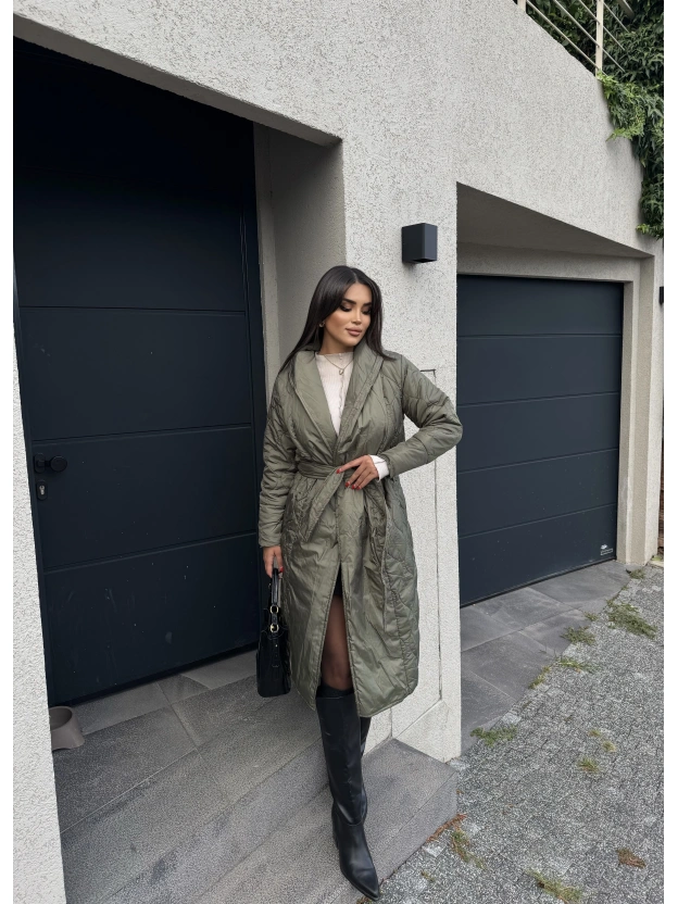 Haki Kapitone Kuşaklı Uzun Mont