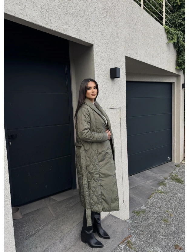 Haki Kapitone Kuşaklı Uzun Mont