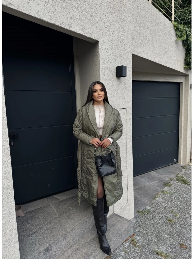 Haki Kapitone Kuşaklı Uzun Mont