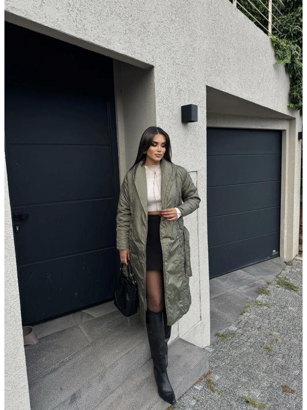 Haki Kapitone Kuşaklı Uzun Mont