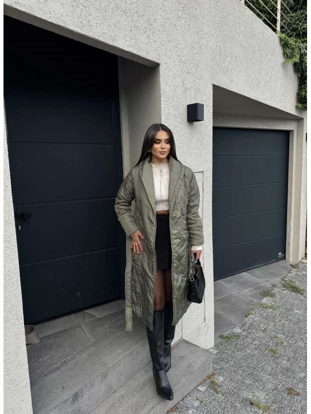 Haki Kapitone Kuşaklı Uzun Mont