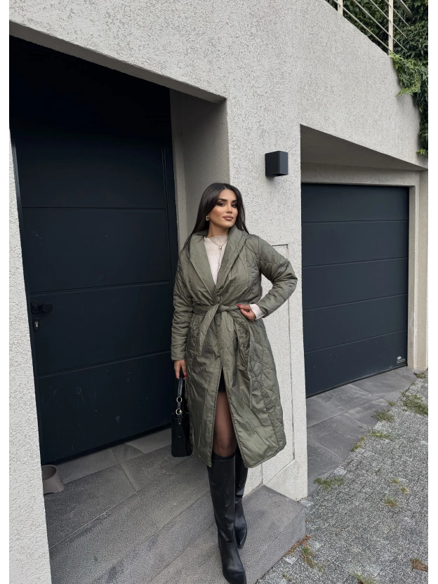 Haki Kapitone Kuşaklı Uzun Mont