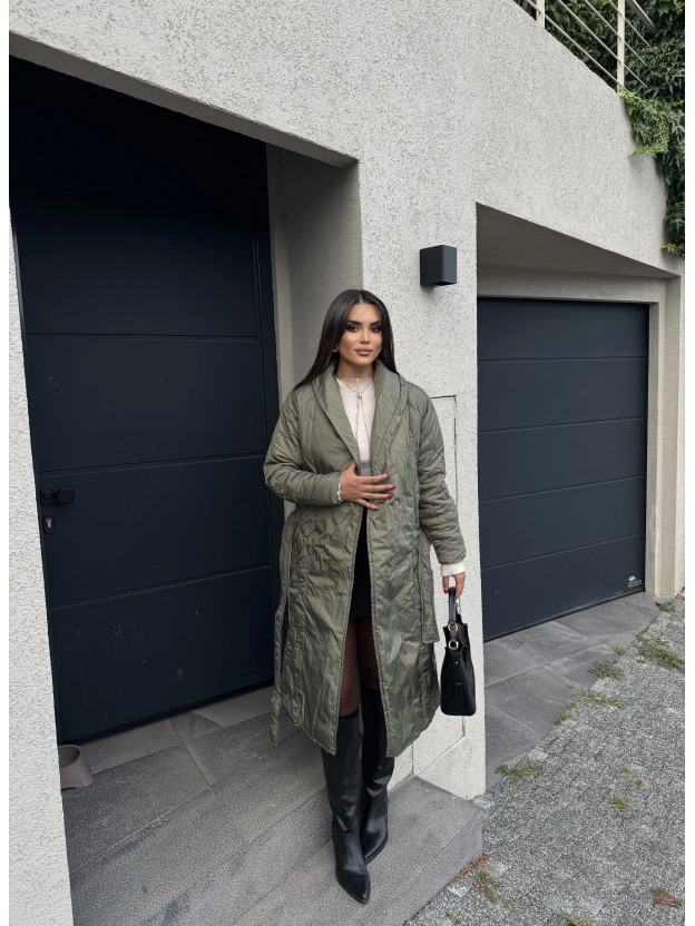 Haki Kapitone Kuşaklı Uzun Mont