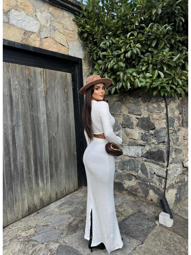 Beyaz Uzun Kol Gofre Etek Takım