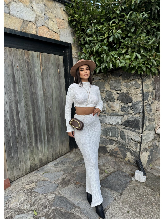 Beyaz Uzun Kol Gofre Etek Takım