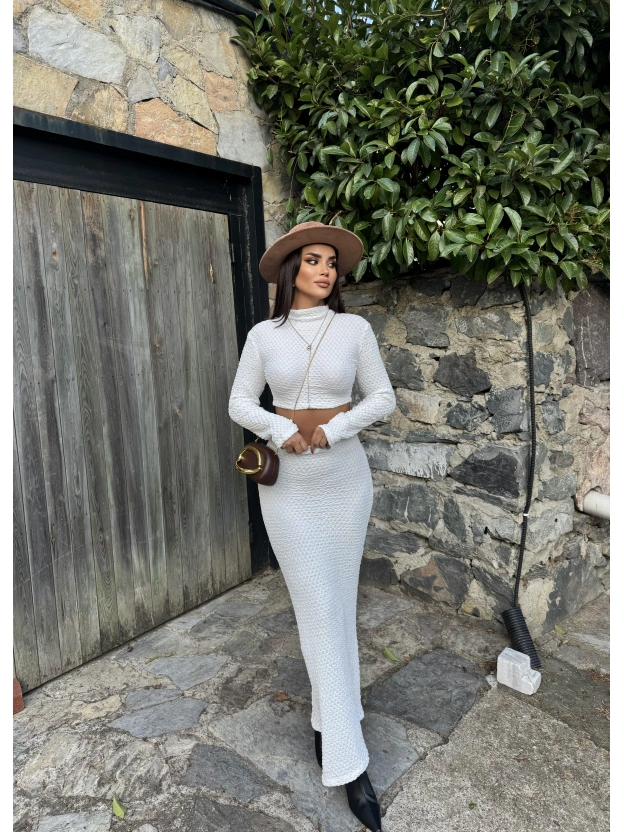 Beyaz Uzun Kol Gofre Etek Takım