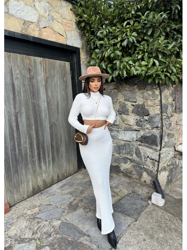 Beyaz Uzun Kol Gofre Etek Takım