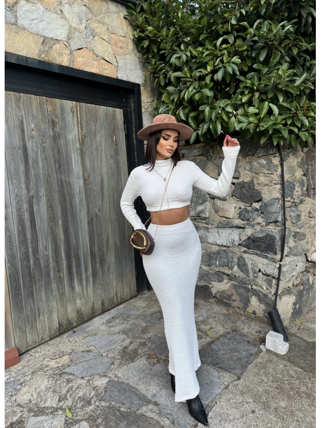 Beyaz Uzun Kol Gofre Etek Takım