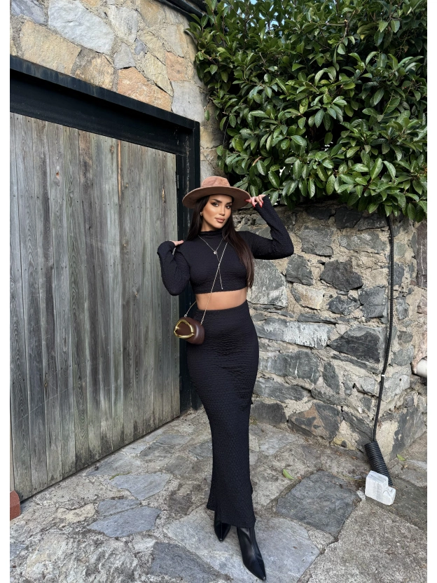 Siyah Uzun Kol Gofre Etek Takım