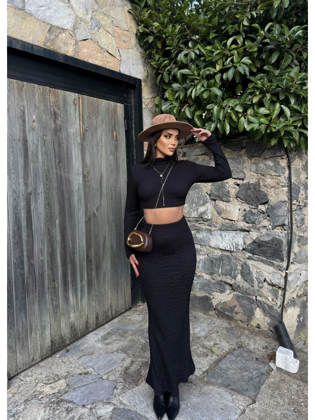 Siyah Uzun Kol Gofre Etek Takım