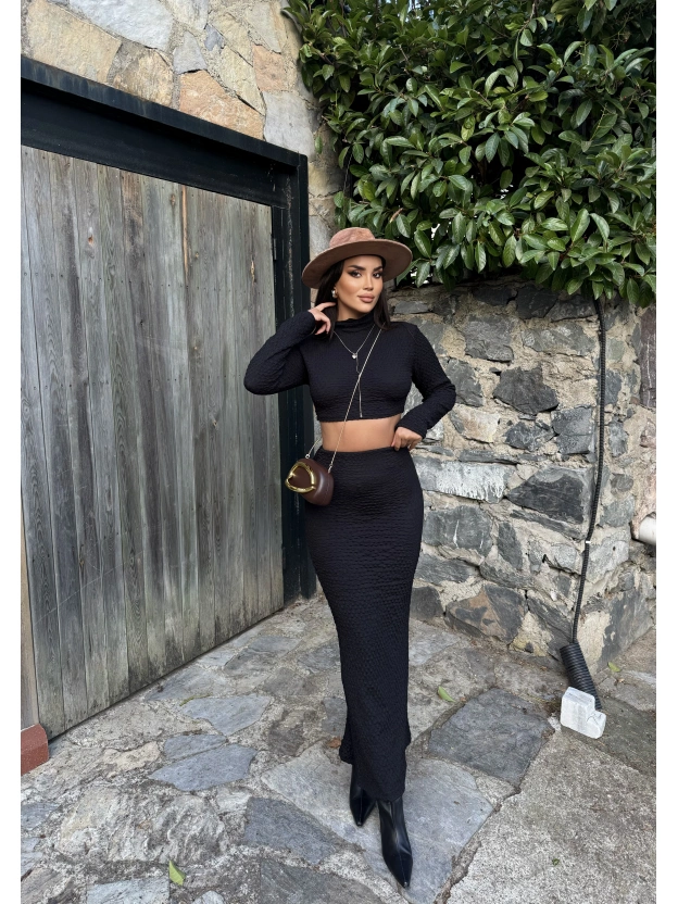 Siyah Uzun Kol Gofre Etek Takım