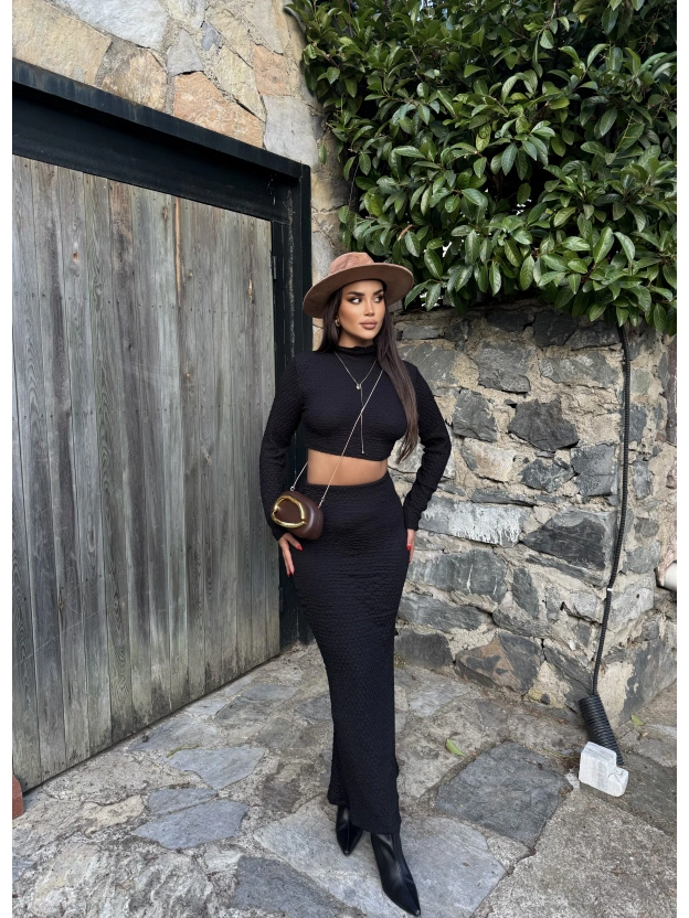 Siyah Uzun Kol Gofre Etek Takım