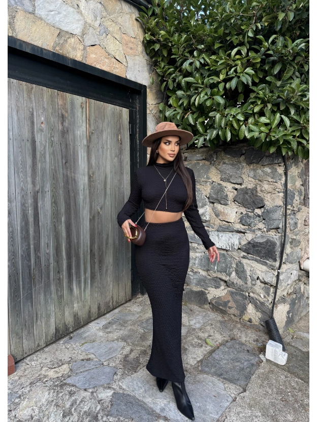 Siyah Uzun Kol Gofre Etek Takım