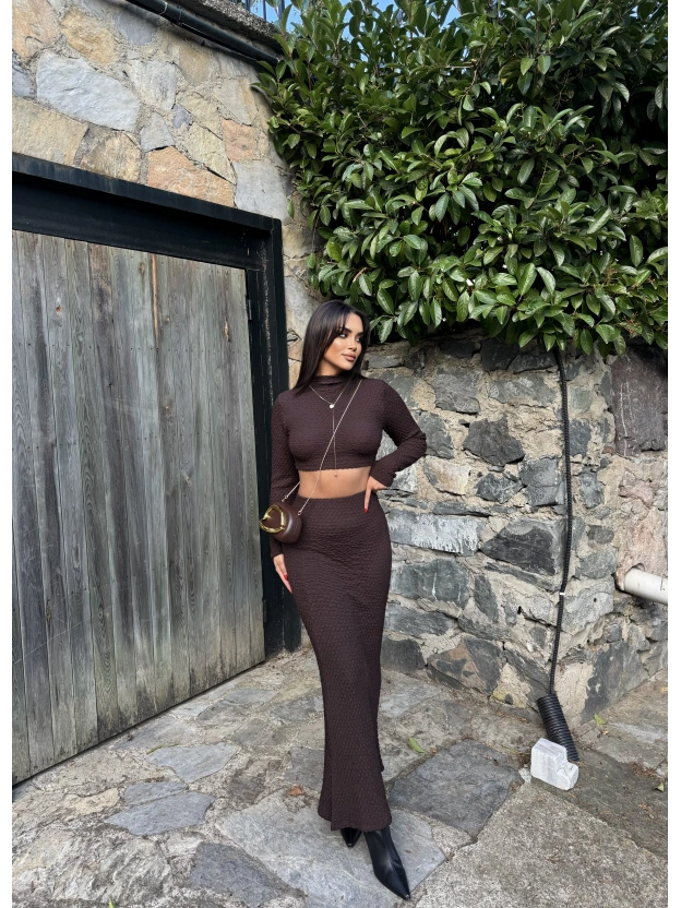 Kahverengi Uzun Kol Gofre Etek Takım
