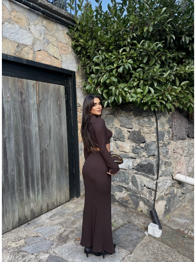 Kahverengi Uzun Kol Gofre Etek Takım