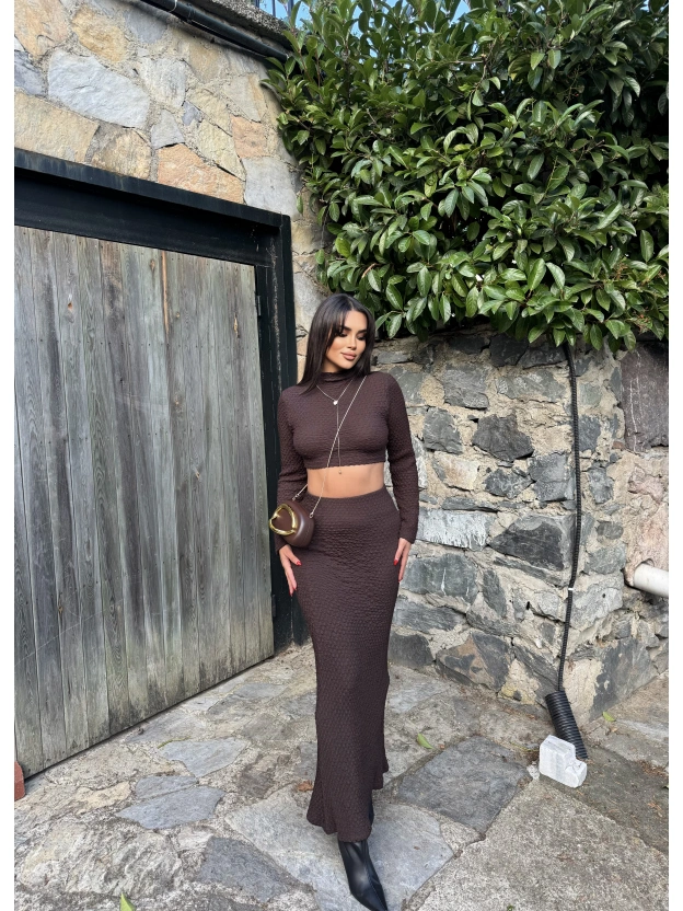 Kahverengi Uzun Kol Gofre Etek Takım