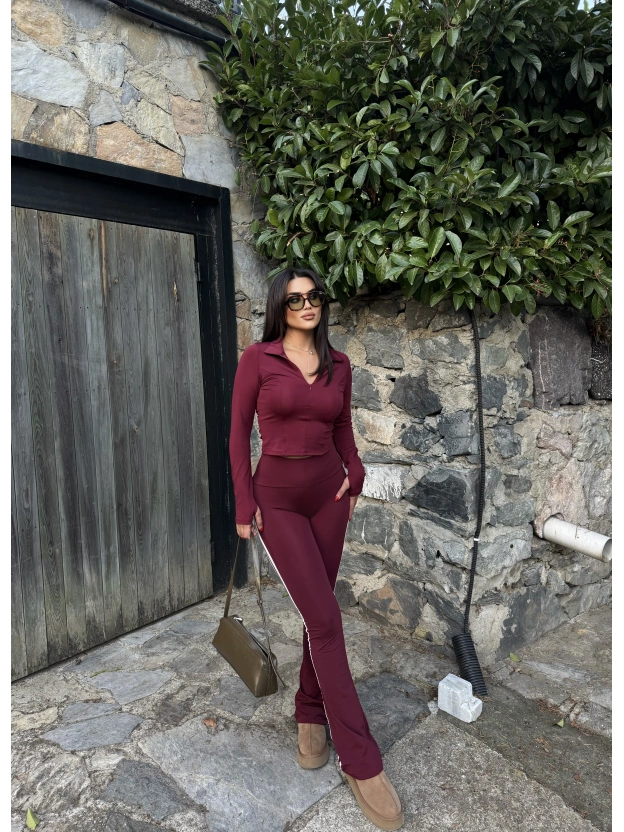 Bordo Şeritli Tayt Pantolon