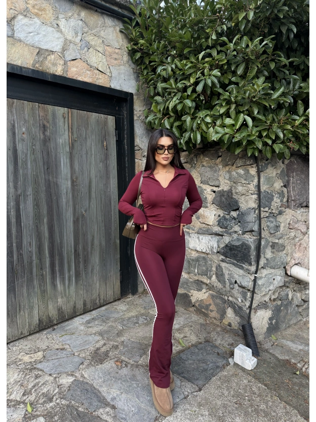 Bordo Şeritli Tayt Pantolon