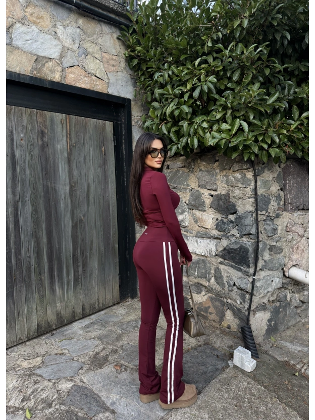 Bordo Şeritli Tayt Pantolon