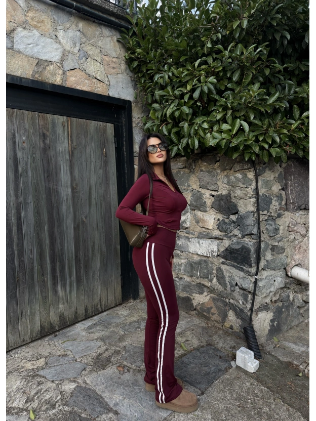Bordo Şeritli Tayt Pantolon