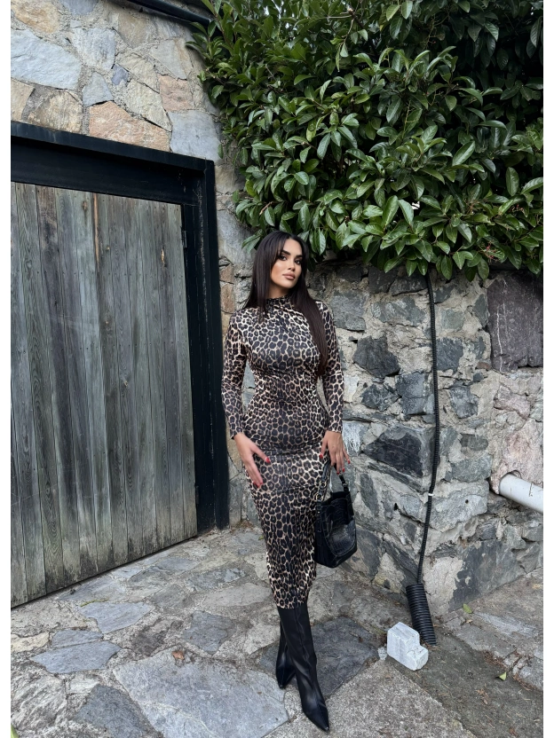 Leopar Desen Drapeli Uzun Elbise