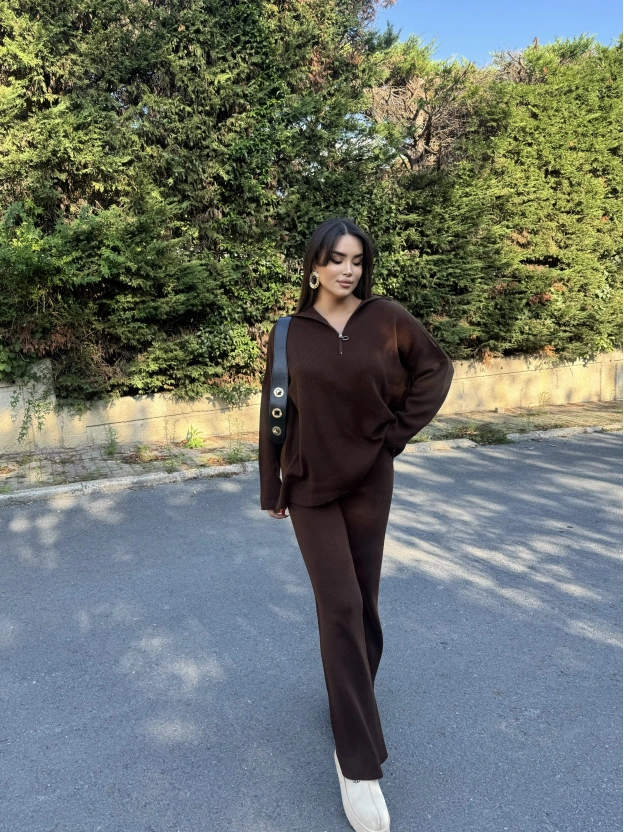 Acı Kahve Fermuarlı Triko Takım