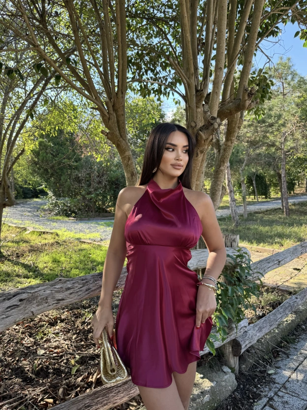 Bordo Saten Sırt Detay Mini Elbise