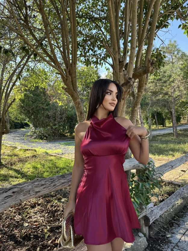 Bordo Saten Sırt Detay Mini Elbise