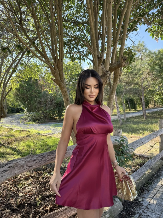 Bordo Saten Sırt Detay Mini Elbise