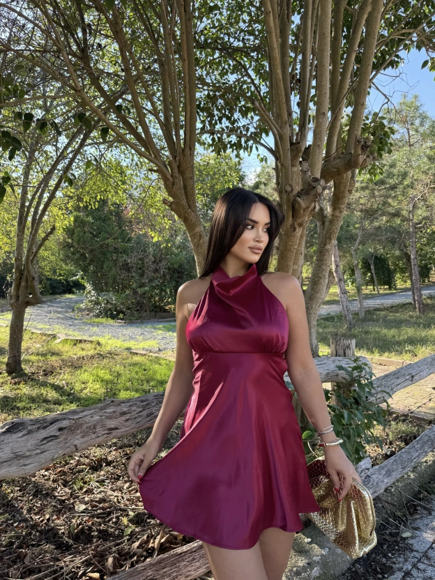 Bordo Saten Sırt Detay Mini Elbise