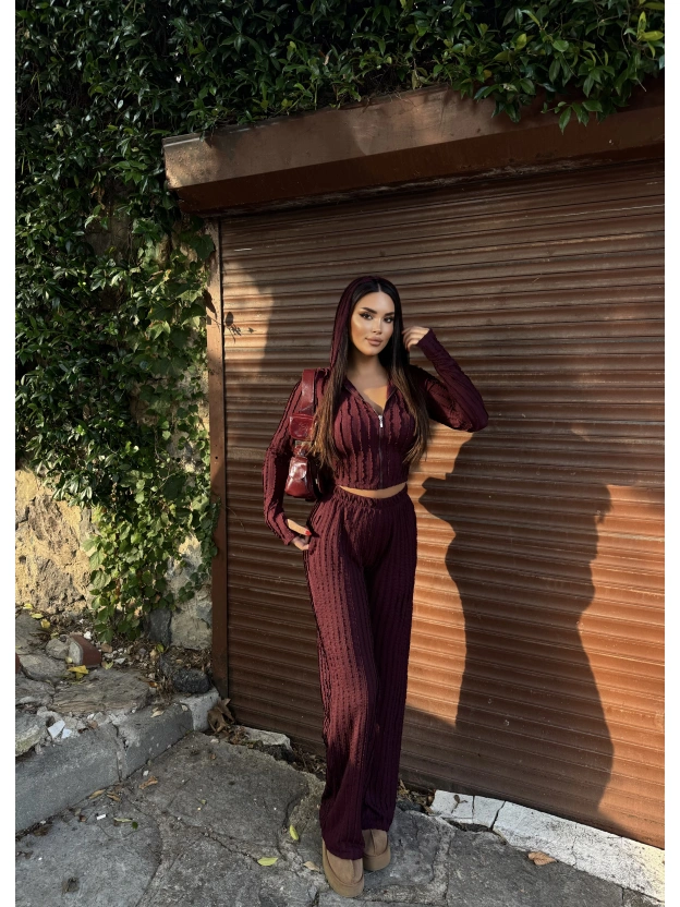 Mürdüm Kapüşonlu Dikiş Detay Alt Üst Takım