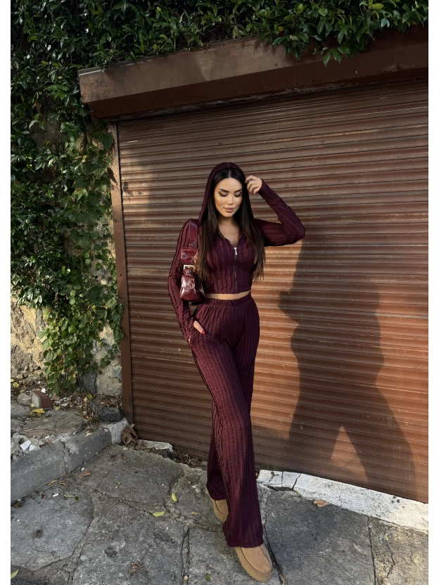 Mürdüm Kapüşonlu Dikiş Detay Alt Üst Takım