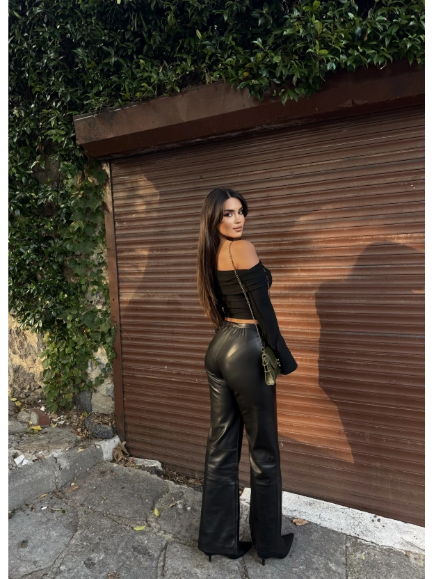 Siyah Şardonlu Deri Pantolon