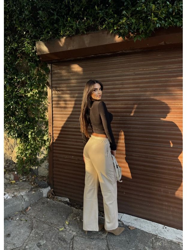Bej Şardonlu Deri Pantolon