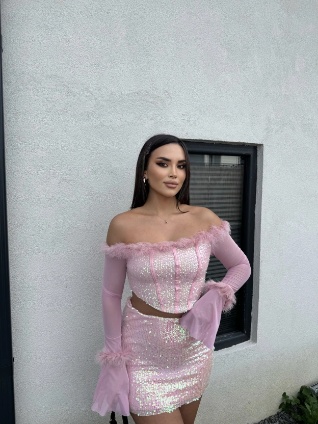 Pembe Payetli Tül Detay Takım