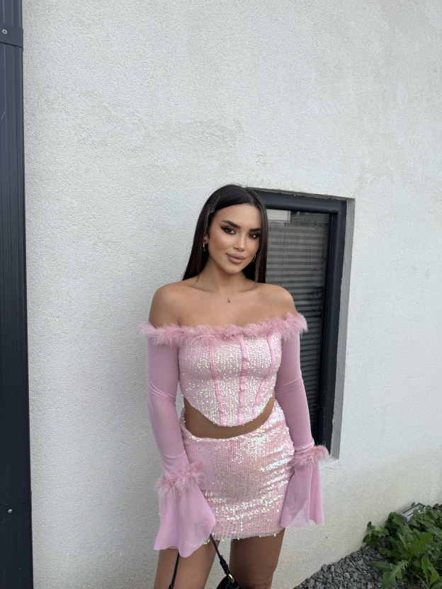 Pembe Payetli Tül Detay Takım