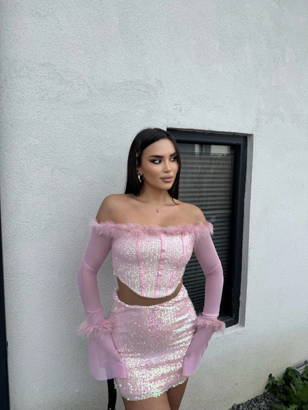 Pembe Payetli Tül Detay Takım
