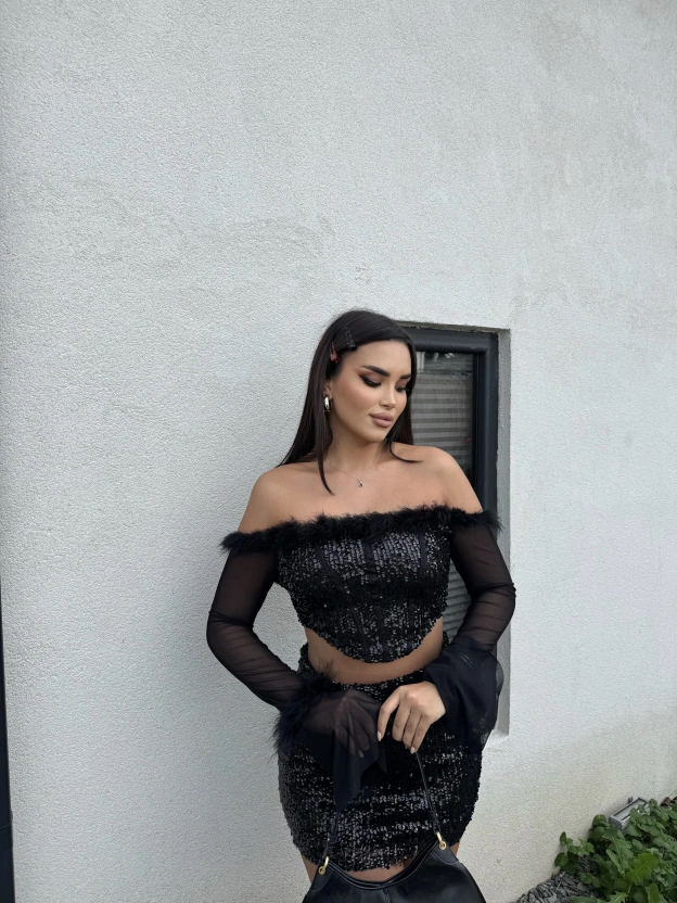 Siyah Payetli Tül Detay Takım