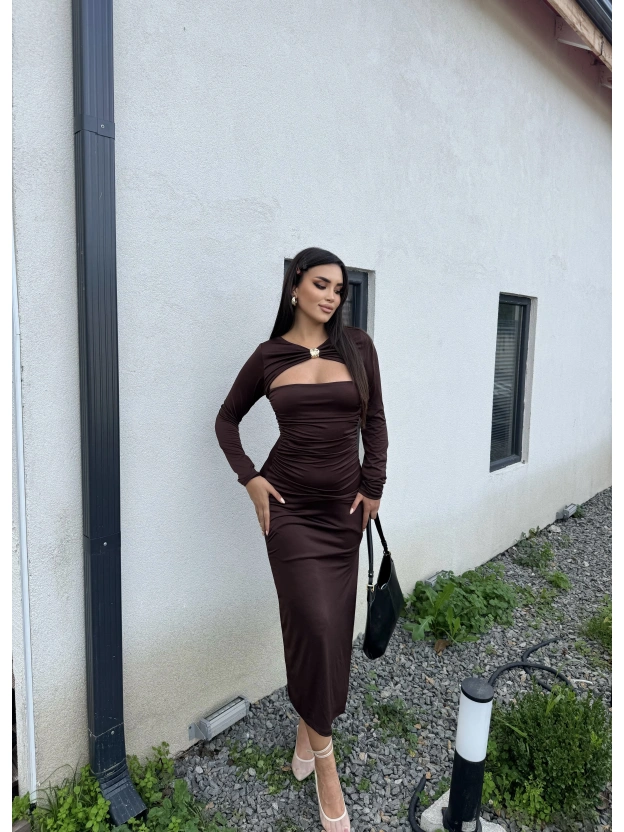 Kahverengi Göğüs Dekolteli Aksesuarlı Elbise