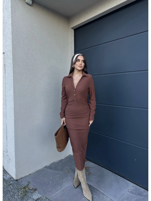 Kahverengi Polo Yaka Düğmeli Elbise