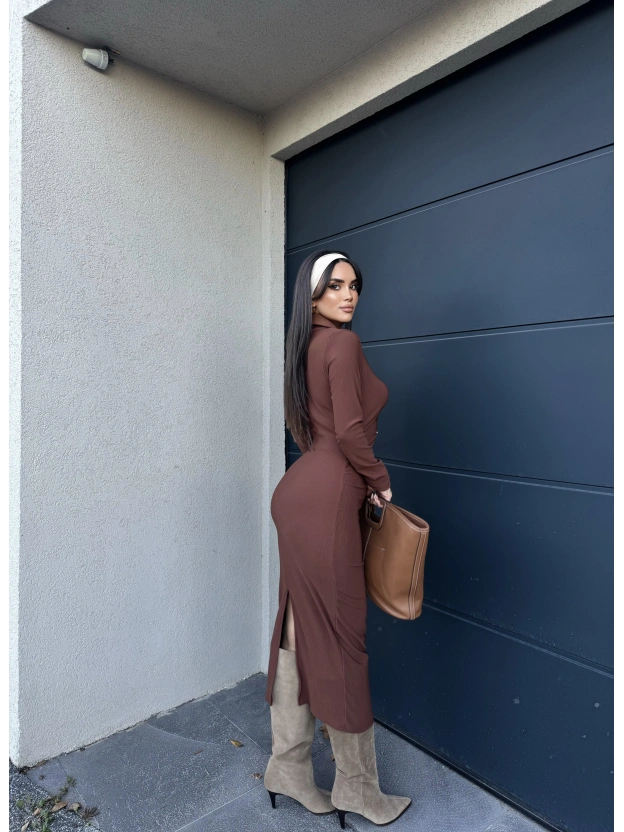 Kahverengi Polo Yaka Düğmeli Elbise