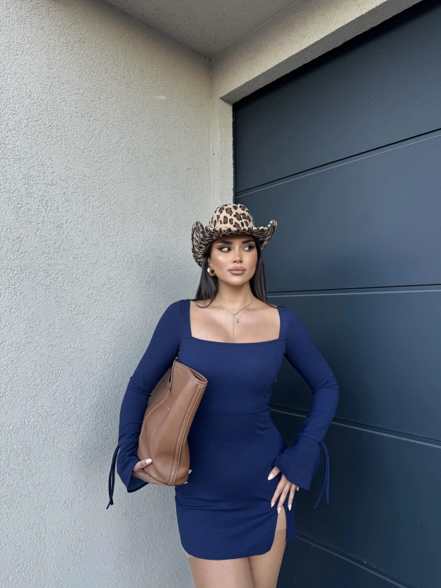 Lacivert İspanyol Kol Crep Mini Elbise