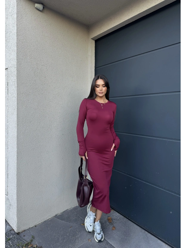 Bordo Bisiklet Yaka Parmak Geçirmeli Elbise