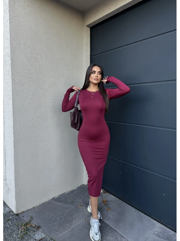 Bordo Bisiklet Yaka Parmak Geçirmeli Elbise