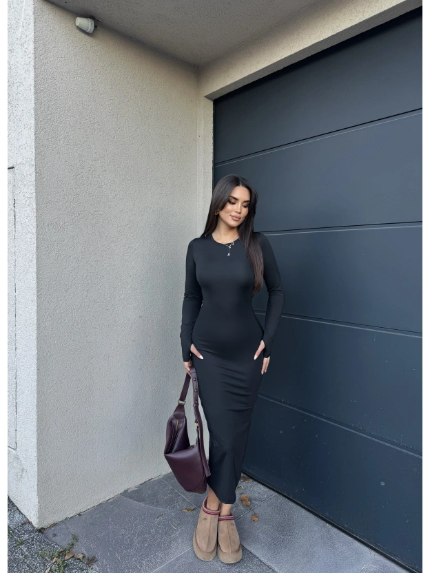 Siyah Bisiklet Yaka Parmak Geçirmeli Elbise