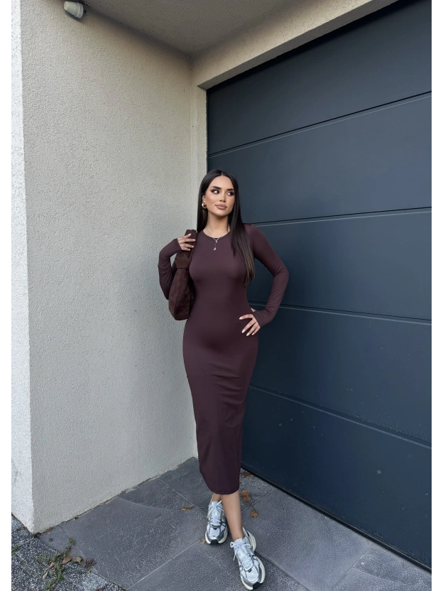 Kahverengi Bisiklet Yaka Parmak Geçirmeli Elbise