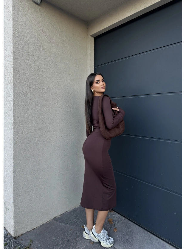 Kahverengi Bisiklet Yaka Parmak Geçirmeli Elbise